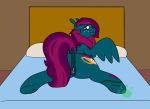  2019 anus bed butt cutie_mark digital_media_(artwork) equid equine fan_character feathered_wings feathers female feral furniture green_eyes hair horse jaded_rose looking_at_viewer looking_back mamas_art mammal multicolored_hair my_little_pony pony pussy smile tattoo underhoof wings 