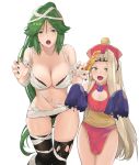  2girls absurdres alternate_hairstyle ass_visible_through_thighs bandages bangs black_bra black_legwear black_nails black_panties blonde_hair bra breasts china_dress chinese_clothes claw_pose cleavage cleavage_cutout commentary detached_sleeves dress english_commentary fangs flat_chest ghost_pose green_eyes green_hair halloween_costume hat height_difference highres j@ck jiangshi jiangshi_costume kid_icarus kid_icarus_uprising large_breasts long_hair looking_at_viewer multiple_girls mummy_costume nachure nail_polish naked_bandage navel ofuda open_mouth paid_reward palutena panties parted_bangs patreon_reward pelvic_curtain ponytail saliva short_dress skindentation spider_web_print strapless strapless_bra thighhighs thighs torn_clothes torn_legwear underwear very_long_hair yellow_eyes 
