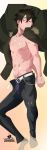  1boy 5000-chou_yen_hoshii_channel! abaraya_seishirou absurdres bare_chest belt brown_eyes brown_hair chain chest clenched_hands coat dakimakura fur_trim gradient gradient_background highres incredibly_absurdres looking_at_viewer lying male_focus male_underwear nipples on_back on_side open_clothes open_coat open_fly saitoukuniko-3 smile socks solo underwear underwear_peek virtual_youtuber 