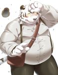  2019 anthro belly black_nose blush bottomwear clothing felid fur hat headgear headwear hi_res humanoid_hands male mammal nikiciy overweight overweight_male pantherine pants shirt simple_background solo tiger topwear white_body white_fur yellow_eyes 