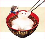  /\/\/\ 1boy afloat baymax big_hero_6 black_hair border bowl brown_hair chibi chopsticks climbing crying disney food hiro_hamada in_food kamari_(kama_ri) long_sleeves looking_up male_focus mochi o_o picking_up red_border robot shiruko_(food) soup surprised wagashi 