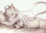  1girl ahoge animal_ears atalanta_(fate) bra breasts cleavage fate/apocrypha fate_(series) garters lying miyuki_ruria monochrome on_bed on_stomach pillow tail twitter_username underwear 