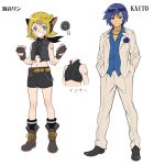 1boy 1girl ansatsu_princess_(vocaloid) blue_eyes blue_flower blue_hair blue_rose boots character_sheet closed_mouth combat_boots eyewear_on_head flower formal full_body gloves grin hands_in_pockets headphones highres kagamine_rin kaito midriff pairan reference_sheet rose shorts simple_background smile suit sunglasses vocaloid white_suit 