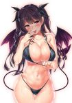  1girl ass_visible_through_thighs bikini bikini_tug black_bikini black_ribbon blush breasts cleavage collarbone commentary_request demon_girl demon_tail demon_wings eyebrows_visible_through_hair feet_out_of_frame hair_ribbon highres kawai large_breasts long_hair navel original pink_eyes purple_hair ribbon solo succubus swimsuit tail tongue tongue_out twintails wet wings 