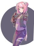  1girl animal_ears bear_ears belt character_request denim eyebrows_visible_through_hair eyes_visible_through_hair green_eyes grey_background highres iesupa jacket jeans mechanical_arm pants pink_hair rwby smile solo two-tone_background white_background 