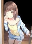  1girl bangs blue_pajamas blue_shorts blush breasts brown_eyes brown_hair camisole closed_mouth collarbone commentary_request cowboy_shot door doors hand_on_own_cheek hand_on_own_face indoors keiran_(ryo170) long_sleeves looking_at_viewer medium_hair one_eye_closed open_clothes original pajamas revision shorts small_breasts solo standing strap_slip wooden_floor 