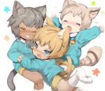  3boys animal_ear_fluff animal_ears blonde_hair blue_eyes blue_shirt cat_ears catboy dark_skin dark_skinned_male fang grin highres holding_hands kindergarten kindergarten_uniform light_brown_hair long_sleeves looking_at_viewer male_focus multiple_boys name_tag one_eye_closed open_mouth original red_eyes school_uniform shirokujira shirt shorts smile 