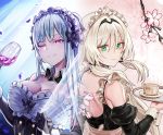  2girls ak-12_(girls_frontline) alternate_costume an-94_(girls_frontline) apron bangs bare_shoulders black_gloves blonde_hair bow breasts cleavage closed_mouth cup detached_collar enmaided eyebrows_visible_through_hair falling_petals flower frills girls_frontline gloves glowing glowing_eye green_eyes hair_between_eyes holding holding_cup holding_tray korean_commentary large_breasts long_hair maid maid_apron maid_dress maid_headdress multiple_girls nlitz one_eye_closed plate smile tray wrist_cuffs 