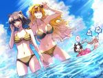  !? 4girls ? ahoge animal_ears beach bee bikini_bottom bikini_top blake_belladonna blue_sky breasts bug cat_ears cleavage clothes_removed cloud cloudy_sky commentary_request day eyewear_on_head insect large_breasts medium_hair multiple_girls ruby_rose rwby sky smile sunglasses swimsuit tsuta_no_ha water weiss_schnee yang_xiao_long 