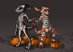  2019 anthro duo female flamespitter food fruit halloween holidays keani kobold looking_at_viewer plant presenting pumpkin pussy scalie 