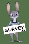  2019 anthro barefoot clothed clothing digital_media_(artwork) dipstick_ears disney english_text female full-length_portrait fur green_background grey_body grey_fur half-closed_eyes happy hi_res holding_object judy_hopps lagomorph leporid looking_at_viewer mammal multicolored_body multicolored_ears multicolored_fur pink_nose portrait pose purple_eyes rabbit shirt sign signature simple_background smile solo standing text tggeko topwear white_body white_fur zootopia 