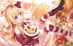  1girl :d absurdres ahoge blonde_hair blue_eyes blurry blurry_background blush boots breasts brown_dress brown_footwear brown_headwear brown_sleeves cake checkerboard_cookie chocolat_(noucome) cleavage commentary_request cookie cross-laced_footwear cup depth_of_field detached_sleeves dress flower food fork frilled_legwear fruit hat heart high_heel_boots high_heels highres holding holding_food huge_filesize in_container in_cup juliet_sleeves lace-up_boots long_hair long_sleeves medium_breasts mini_hat mini_top_hat minigirl nahaki open_mouth ore_no_nounai_sentakushi_ga_gakuen_love-comedy_wo_zenryoku_de_jama_shiteiru petals petals_on_liquid plaid puffy_sleeves single_boot slice_of_cake smile solo strapless strapless_dress strawberry striped striped_legwear thighhighs thighhighs_under_boots tilted_headwear top_hat very_long_hair white_flower 