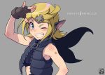  1girl ;) ansatsu_princess_(vocaloid) blonde_hair fingerless_gloves gloves grey_background grin kagamine_rin logo looking_at_viewer midriff one_eye_closed open_clothes open_vest pairan salute simple_background sleeveless smile solo song_name tattoo upper_body vest vocaloid 