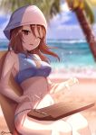  1girl beach bikini blue_bikini blurry breasts brown_eyes brown_hair cleavage commentary_request curcumin day depth_of_field girls_und_panzer groin hat highres instrument kantele medium_breasts mika_(girls_und_panzer) navel ocean one_eye_closed palm_tree solo swimsuit tree 