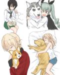  4girls anchovy black_ribbon blue_eyes braid brown_hair cape closed_eyes darjeeling dog dog_request drill_hair french_braid girls_und_panzer golden_retriever green_hair green_skirt kawashima_momo kay_(girls_und_panzer) long_hair lying monocle multiple_girls mutsu_(layergreen) on_side one_eye_closed ooarai_school_uniform pajamas pillow ribbon school_uniform shirt short_hair shorts skirt sleeping smile st._gloriana&#039;s_military_uniform welsh_corgi white_shirt white_tank_top 