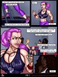  athletic big_breasts bodily_fluids bouncing_breasts breasts clothed clothing comic dark_skin female hair hi_res human human_only male mammal muscular not_furry pink_hair sweat villainous_muse yoga_pants 