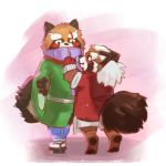  2019 anthro blush bottomwear brown_body brown_fur canid canine clothing duo fur goemon_(tas) gyobu humanoid_hands male mammal raccoon_dog scar scarf shirt shorts slightly_chubby tanuki tokyo_afterschool_summoners topwear video_games 咒皓@摸鱼账号 