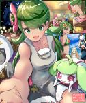  3boys 5girls apron arm_support arms_up ball beachball bikini blonde_hair blue_eyes blurry blush blush_stickers ceiling_fan chair closed_eyes cloud collarbone commentary cooking crescent_moon dark_skin depth_of_field drink e-co fingerless_gloves flower food gen_1_pokemon gen_7_pokemon gladio_(pokemon) gloves goggles goggles_on_head green_eyes green_hair hair_flower hair_ornament indoors joy_(pokemon) junsaa_(pokemon) kaki_(pokemon) light_particles lillie_(pokemon) long_hair looking_at_viewer looking_back mao_(pokemon) moon morelull multiple_boys multiple_girls multiple_persona night one-piece_swimsuit open_mouth oranguru outstretched_hand oven_mitts overall_shorts overalls pink_hair poke_ball pokemon pokemon_(anime) pokemon_(creature) pokemon_(game) pokemon_sm pokemon_sm_(anime) restaurant satoshi_(pokemon) sky staryu steenee suiren_(pokemon) swimsuit table tankini tree trial_captain twintails waving 