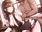 1boy 1girl bangs black_dress blush breasts brown_hair closed_mouth doggystyle dress dsr-50_(girls_frontline) evening_gown faceless from_behind girls_frontline grabbing grabbing_from_behind hetero highres large_breasts looking_at_another nipples nude red_eyes sex sidelocks siu_(siu0207) sweat thighs 