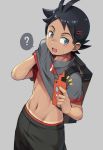  1boy ? absurdres artist_name beater black_hair black_pants blue_eyes gou_(pokemon) grey_background grey_shirt hair_ornament hairclip highres male_focus pants pokemon pokemon_(anime) pokemon_swsh_(anime) rotom rotom_dex shirt simple_background solo spoken_question_mark tan tanline wiping_face wiping_sweat 