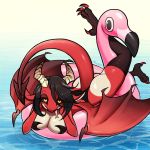  2019 anthro avian bedroom_eyes bird black_hair breasts butt claws clothing demon dragon eyebrows eyelashes female flamingo forked_tongue hair half-closed_eyes horn inflatable kittell_(artist) lingerie looking_at_viewer mammal membrane_(anatomy) membranous_wings non-mammal_breasts pool_toy red_body red_skin rubi seductive tongue tongue_out water wings yellow_eyes 