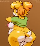  2019 animal_crossing anthro backsack balls belly big_butt blonde_hair breasts butt canid canine canis clothing crossgender digital_media_(artwork) domestic_dog fluffyfrumples fur gynomorph hair intersex isabelle_(animal_crossing) looking_at_viewer looking_back mammal multi_nipple nintendo nipples overweight overweight_gynomorph overweight_intersex rear_view shih_tzu side_belly side_boob simple_background solo thick_thighs toy_dog undressing video_games wide_hips yellow_body yellow_fur 