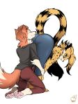  anthro blake blue_eyes bottomwear butt_sniffing canid canine canis cheetah clothing domestic_dog duo erection felid feline female husky isa jeans kittell_(artist) male male/female mammal nordic_sled_dog pants pawpads paws presenting simple_background sniffing spitz topwear 