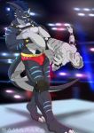  absurd_res bulge dinosaur dragon dromaeosaurid eam fight harness hi_res leather male piercing reptile samaraka scalie size_difference theropod video_games wrestling 