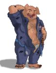  anthro belly belly_hair bodily_fluids body_hair chest_hair clothing coveralls domestic_pig joe jumpsuit looking_at_viewer male mammal mechanic motor_oil nanoff open_mouth overweight overweight_male solo suid suina sus_(pig) sweat unzipped 