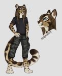  2019 4_toes 5_fingers anthro barefoot biped blue_eyes brown_body brown_fur clothed clothing clouded_leopard felid fingers fur male mammal neothetaa pantherine simple_background smile solo spots spotted_body spotted_fur standing toes white_background 