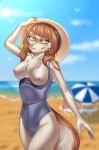  2019 5_fingers anthro badger beach bow breasts brown_body brown_fur clothing cloud detailed_background erect_nipples eyelashes female fingers fur hair hat headgear headwear hi_res honey_pie_(character) hybrid inner_ear_fluff iver-m mammal mustelid musteline nipples one-piece_swimsuit orange_hair pigtails sand seaside sky solo stripes sweetliarr swimwear tuft umbrella water yellow_eyes 