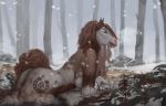  2019 anthro brown_body brown_fur brown_hair day detailed_background digital_media_(artwork) equid equine eyebrows eyelashes female forest fur green_eyes hair horse mammal nude outside raventenebris solo tree 