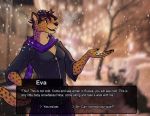  absurd_res anthro beleoci black_hair cheetah clothed clothing eva felid feline female hair hi_res mammal scarf snow standing text whiskers yellow_eyes 