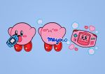  artist_name blue_background blue_eyes blush_stickers closed_eyes copy_ability game_boy_advance handheld_game_console heart kirby kirby_(series) meyoco open_mouth simple_background smile 