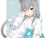  amashiro_natsuki animal_ears aqua_eyes catgirl cropped gray_hair long_hair nacho_neko original pajamas shirt tail wink 