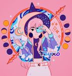  1girl artist_name bangs black_eyes constellation crescent crescent_earrings crescent_moon earrings full_moon gibbous_moon half_moon hat holding holding_phone jewelry long_hair long_sleeves meyoco midriff mole mole_under_eye moon moon_phases new_moon original phone pink_background pink_hair puffy_long_sleeves puffy_sleeves see-through simple_background smile solo wave_print witch_hat 