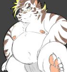  2019 anthro asian_clothing belly blue_eyes clothing cute_fangs east_asian_clothing felid fundoshi fur hi_res inushishigami japanese_clothing licho_(tas) male mammal moobs mouse_sully navel nipples one_eye_closed overweight overweight_male pantherine simple_background solo tiger tokyo_afterschool_summoners underwear video_games white_body white_fur wink 