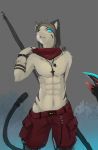  abs abstract_background anthro blue_eyes bottomwear clothed clothing face_(marking) fangs felid feline fur grey_background grey_body grey_fur grey_hair hair hi_res holding_object holding_weapon jewelry liki looking_at_viewer male mammal melee_weapon navel necklace polearm scythe shorts signature simple_background slit_pupils solo topless weapon 