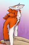  2019 absurd_res annoyance bottomwear clothing digital_media_(artwork) fur hi_res nakk orange_body orange_fur pants sergal simple_background solo tuft 