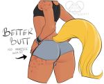  2017 arilen armband arrow butt clothing equid equine fur girly hands_on_hips horse kittydee logo male mammal markings mxxxiii orange_body orange_fur running_shorts simple_background solo text white_background yellow_tail 