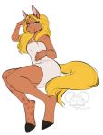  2018 arilen arm_support blonde_hair clothing dress equid equine fur girly grey_eyes hair hand_on_head hand_on_hip hi_res hooves horse kittydee logo looking_at_viewer male mammal markings mxxxiii orange_body orange_fur simple_background smile solo white_background yellow_tail 