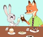 ambiguous_gender anthro blue_background buckteeth canid canine cupcake cutlery dipstick_ears disney duo food fork fox fur furniture green_eyes grey_body grey_fur holding_drink judy_hopps kitchen_utensils lagomorph leporid looking_at_another mammal motsuko8 multicolored_ears nick_wilde nut open_mouth open_smile orange_body orange_fur pie plate purple_eyes rabbit red_fox simple_background smile table teeth tools zootopia 