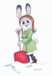  2017 4_fingers anthro big_eyes boots bottomwear clothed clothing coat digging disney female fingers footwear fully_clothed fur holding_object holding_tool hood judy_hopps lagomorph leporid long_ears mammal motsuko8 open_mouth open_smile pants purple_eyes rabbit shovel simple_background smile snow solo standing tools topwear white_background white_body white_fur winter zootopia 