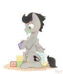  2019 black_hair black_mane blush bodily_fluids cutie_mark diaper dreamyart equid equine fan_character feathered_wings feathers feral fur furgonomics genital_fluids green_eyes grey_body grey_fur hair looking_down male mammal mane my_little_pony pacifier playing pterippus simple_background sitting solo urine wet_diaper wetting white_background wings 