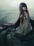  1girl arms_behind_back bangs black_hair blue_eyes breasts closed_mouth dress hair_over_one_eye highres lips long_hair looking_at_viewer original ripples small_breasts solo standing water watermark web_address wenqing_yan wet wet_clothes white_dress 