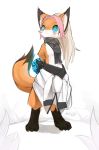  2011 anthro black_body black_fur blue_eyes blush breasts canid canine clothed clothing dipstick_ears dipstick_tail featureless_breasts female fox fur hair kemono leg_markings liki looking_away mammal markings multicolored_ears multicolored_tail orange_body orange_fur pink_hair scarf signature simple_background socks_(marking) solo standing topless white_background white_body white_fur white_hair 