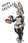  2019 absurd_res anthro ball_gag basket bdsm bluecoffeedog breasts clothed clothing disney female gag hi_res judy_hopps lagomorph legwear leporid mammal rabbit rubber sex_toy signature simple_background smile solo standing text toeless_legwear under_boob white_background wide_hips zootopia 