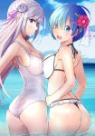  ass bikini cleavage emilia_(re_zero) iwanishi pointy_ears re_zero_kara_hajimeru_isekai_seikatsu rem_(re_zero) swimsuits symmetrical_docking thong wet 