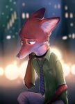  abstract_background anthro bottomwear brown_body brown_fur canid canine cheek_tuft clothed clothing collar disney face_tuft fluffy fox fully_clothed fur green_eyes hi_res inner_ear_fluff light lighting mammal neck_tuft necktie nick_wilde pants red_fox sad shirt shock_collar solo source_request topwear tuft unknown_artist white_body white_fur zootopia 