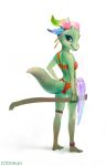  anthro bikini breasts clothing coonkun female green_body green_scales hi_res horn kobold looking_at_viewer pickaxe pink_eyes plantigrade scales solo standing swimwear 